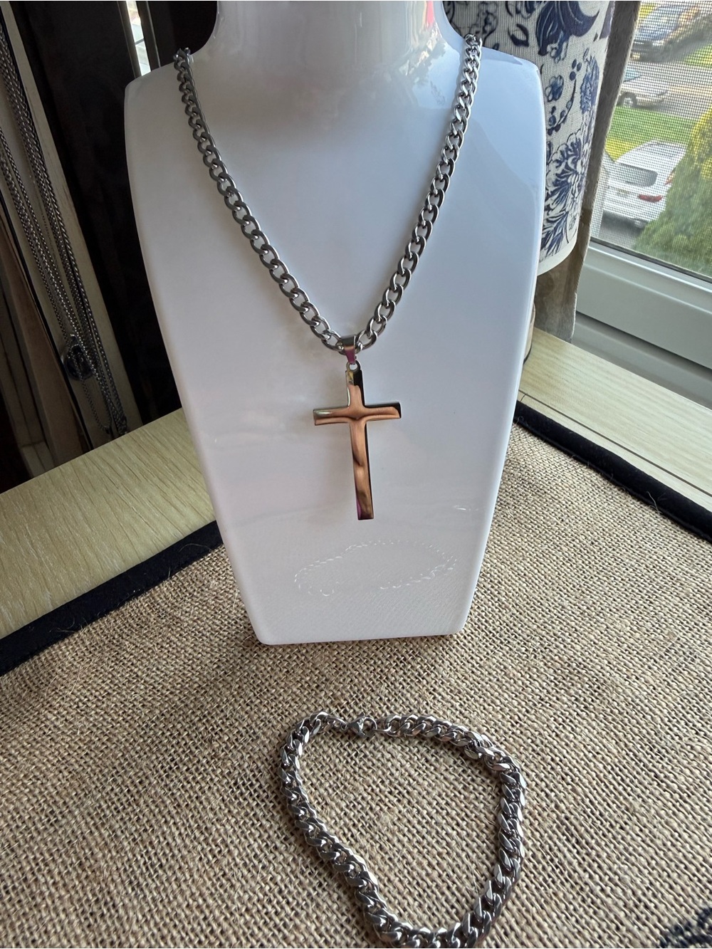 Stainless steel necklace with cross bracelet set